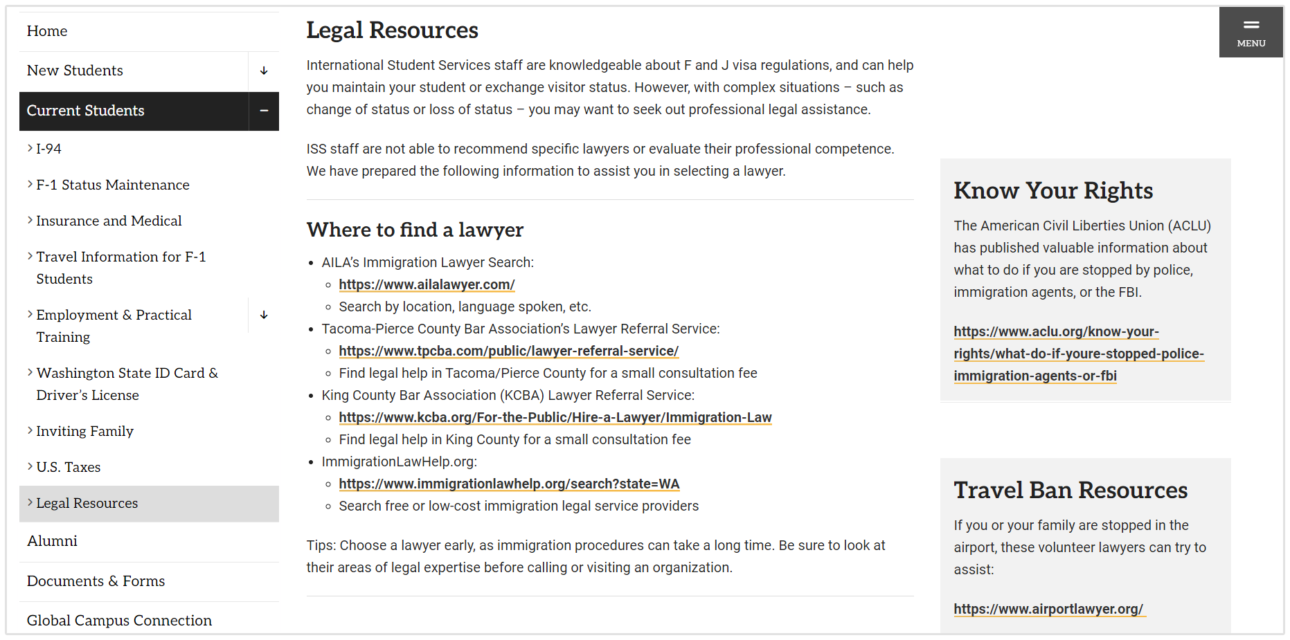 Page des ressources juridiques de Pacific Lutheran University